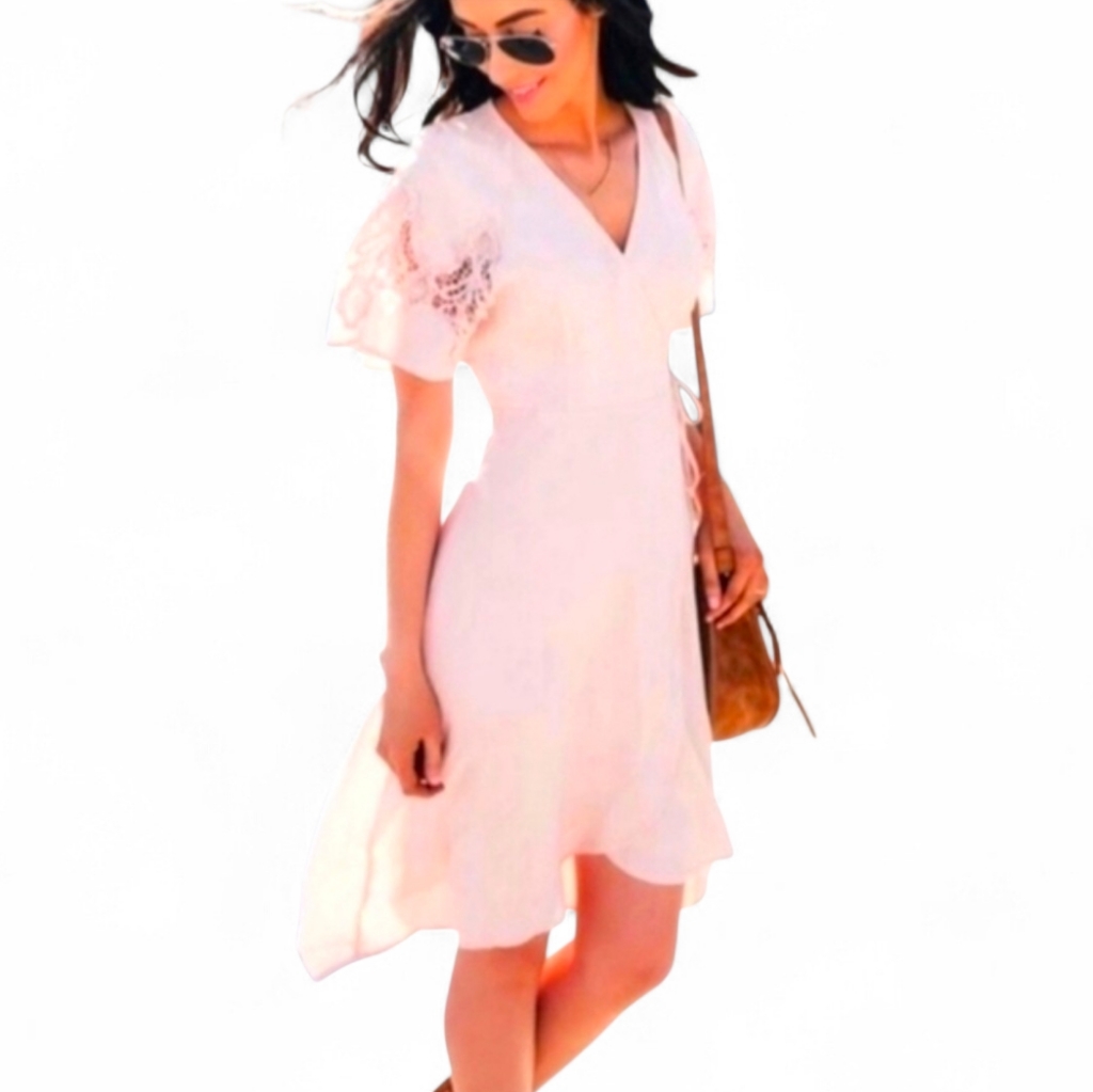 Astr The Label Blush Pink Crochet Sleeve Wrap High Low Dress - Small